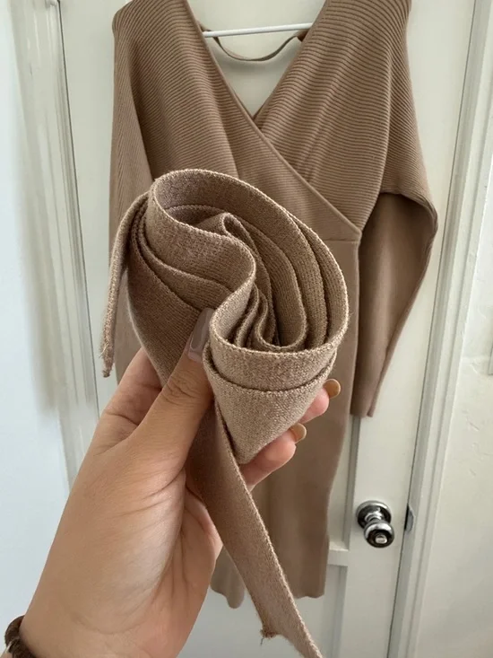 V-Neck Belted Maternity Sweater Dress in Taupe - Picture 6 of 8